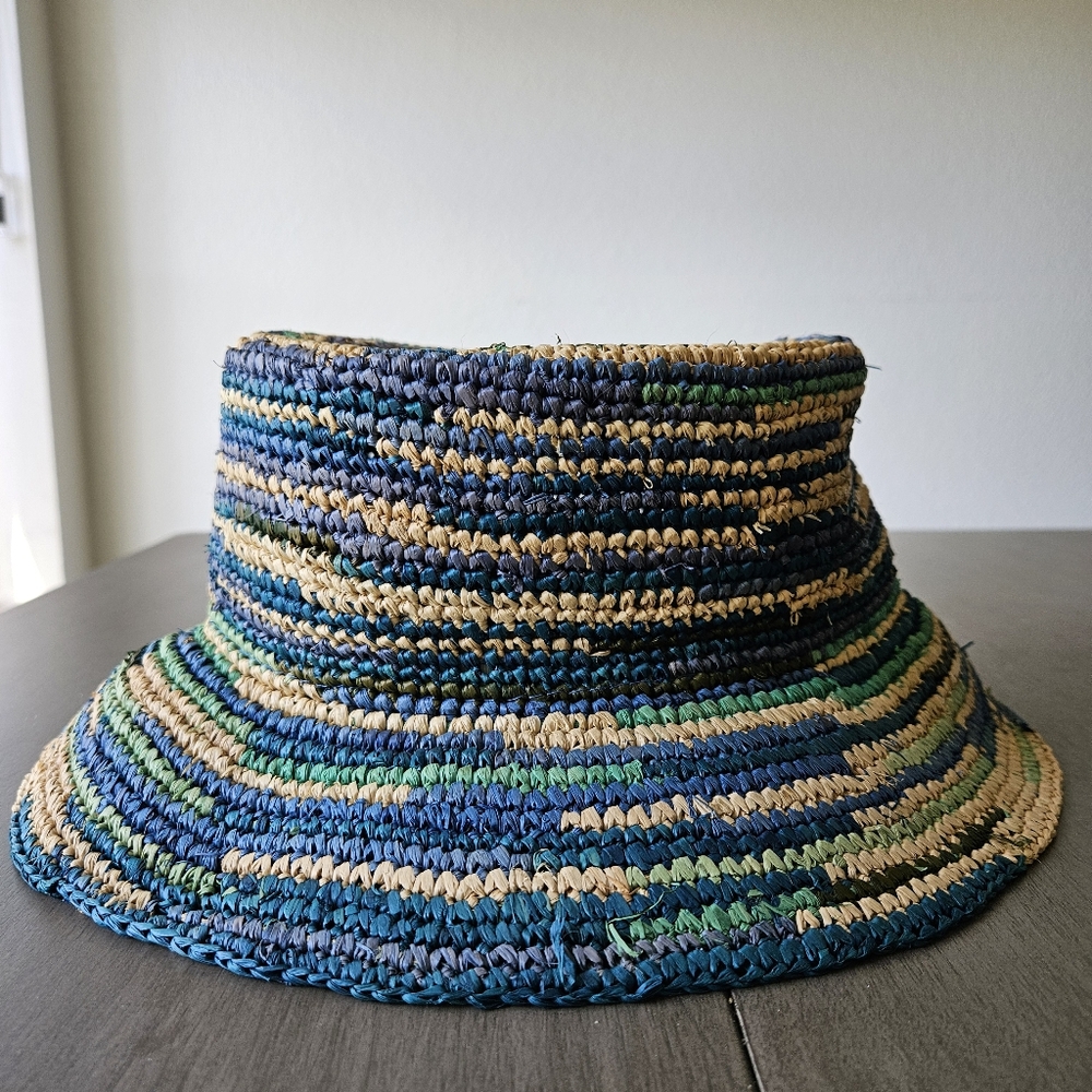 8 By Yoox Blue and Green Striped Raffia Hat